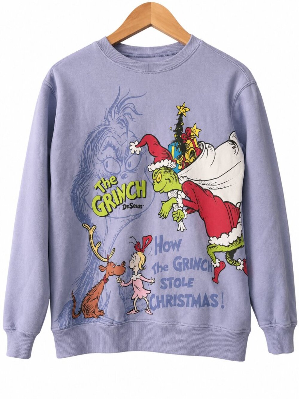 Dr Seuss The Grinch Light Purple Double Sided Christmas Graphic Sweatshirt XXS